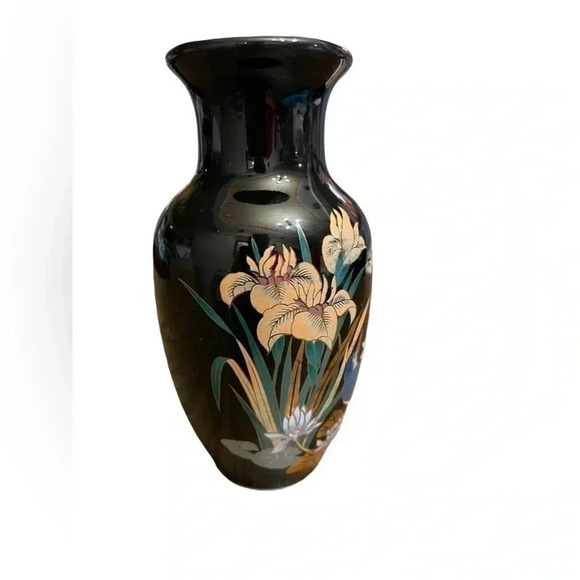 Black with Gold Rim made in Japan 6” Vase Floral with Blue Bird - Picture 6 of 9